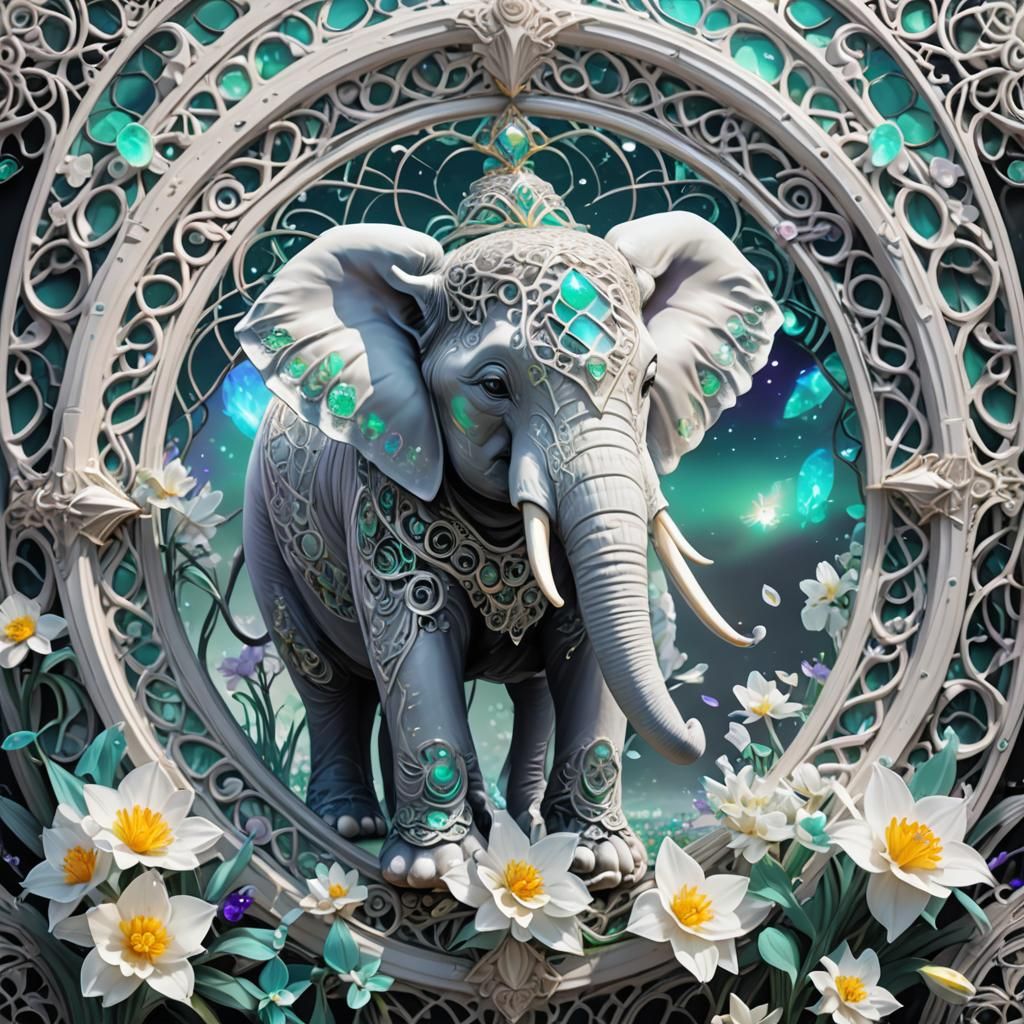 Iridescent Filigree Elephant Through Opal Portal