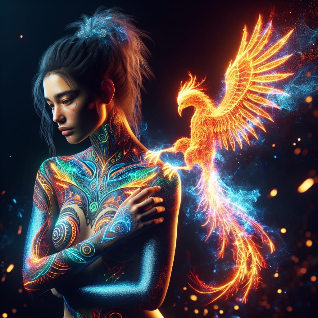 Maori Woman War Chant with Phoenix in Digital Art