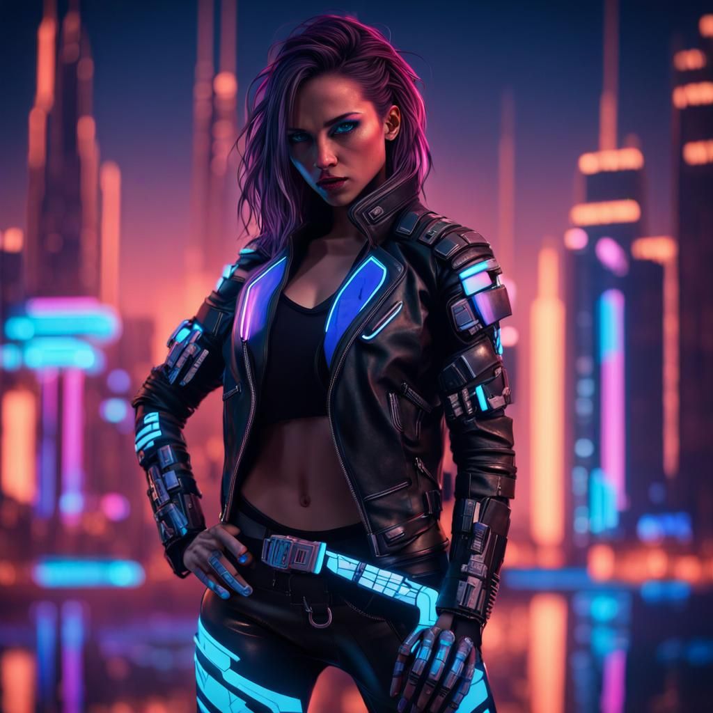 Cyberpunk Cyborg Bounty Hunter in Neon Cityscape
