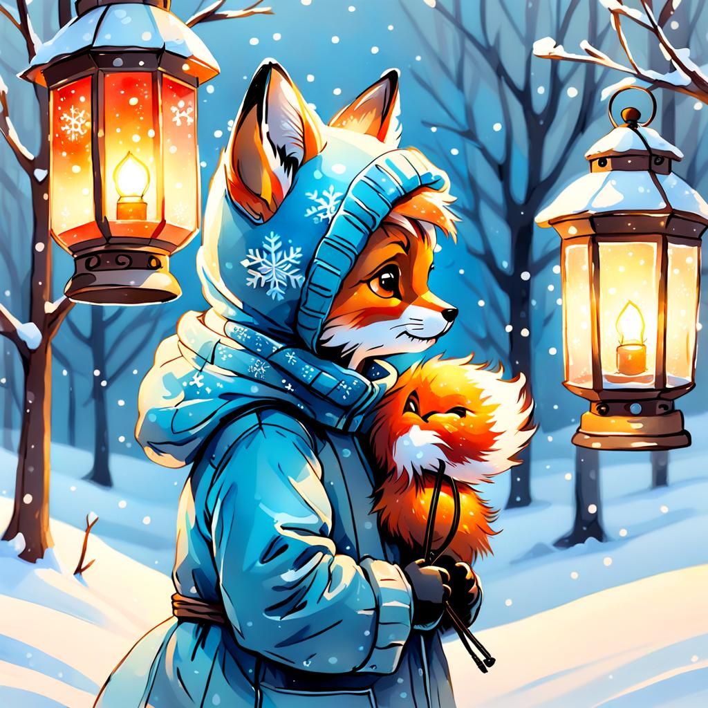 Whimsical Fox Gazing at Lantern in Winter Landscape