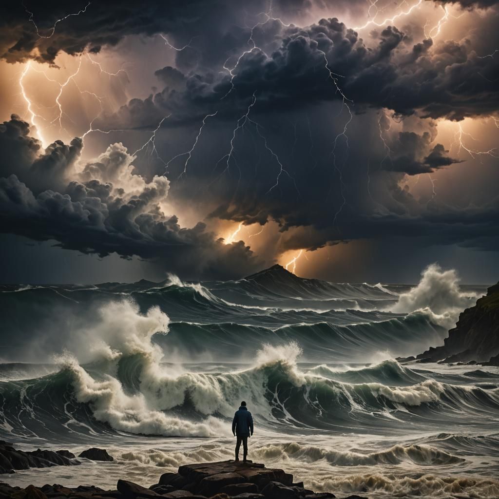 Epic Storm Scene with Lone Figure in Eye