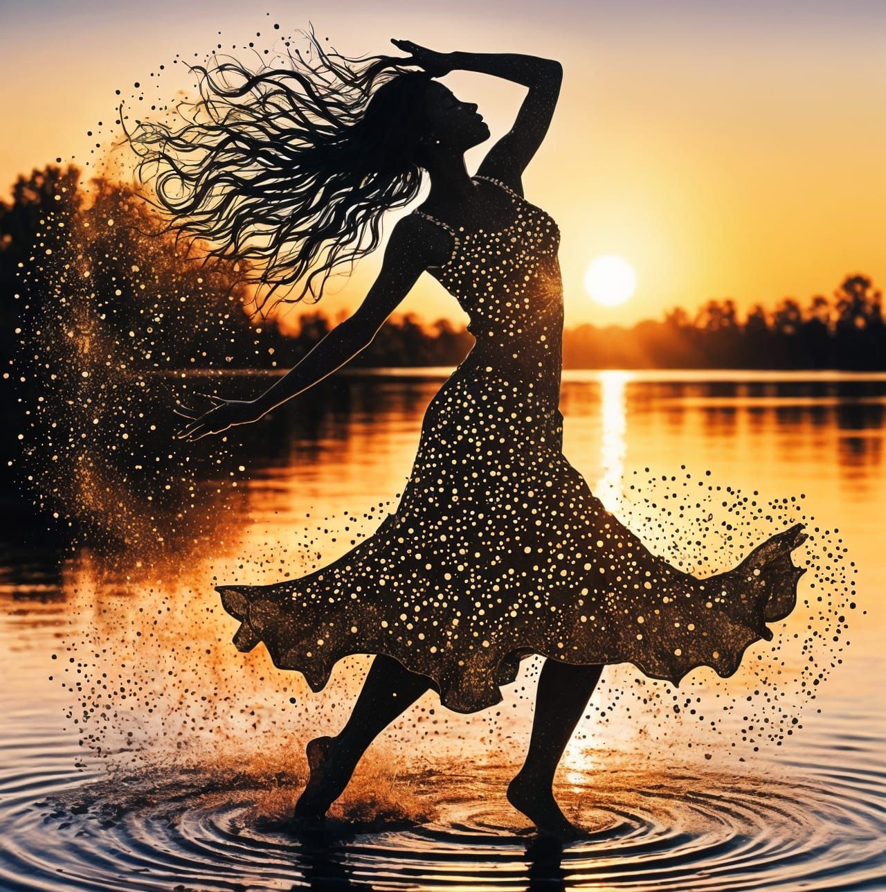 Pointillist Woman Dancing at Sunset
