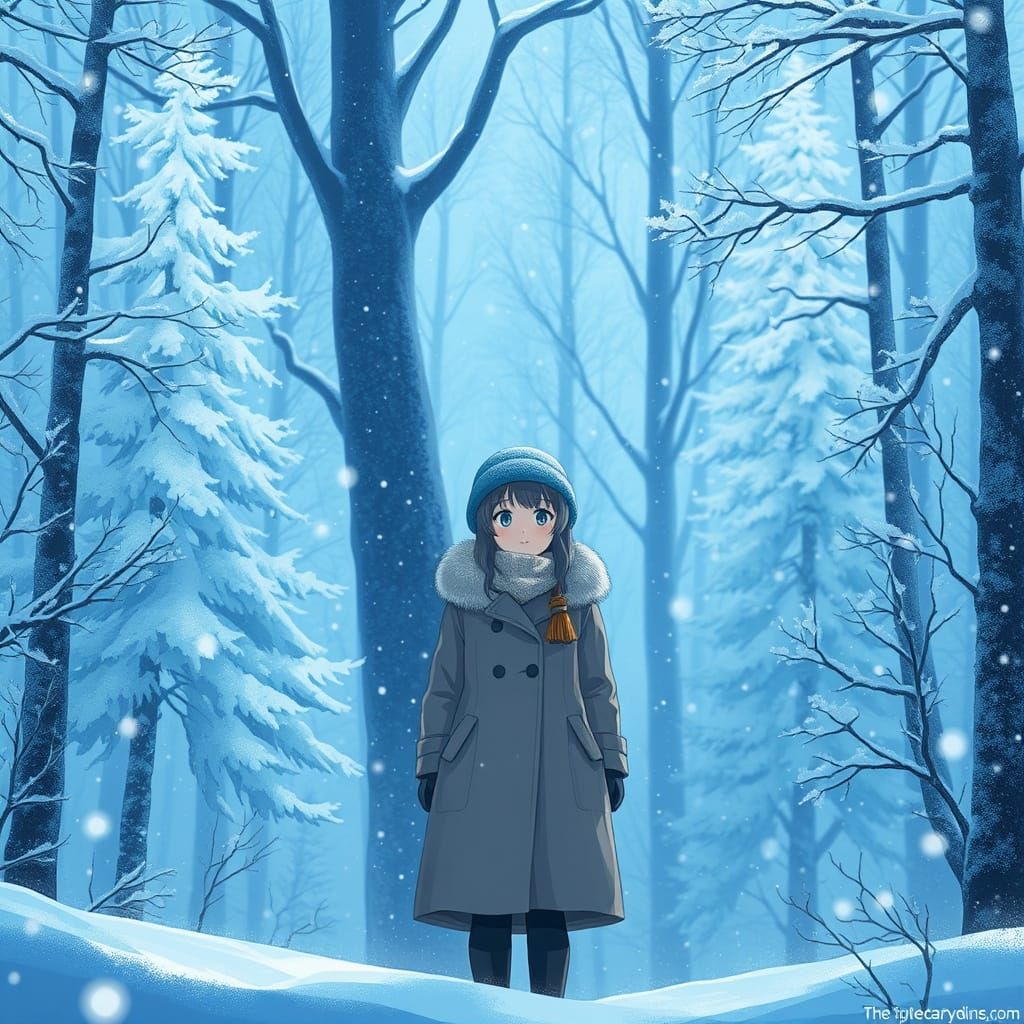 Whimsical Winter Girl in Snowy Forest Landscape