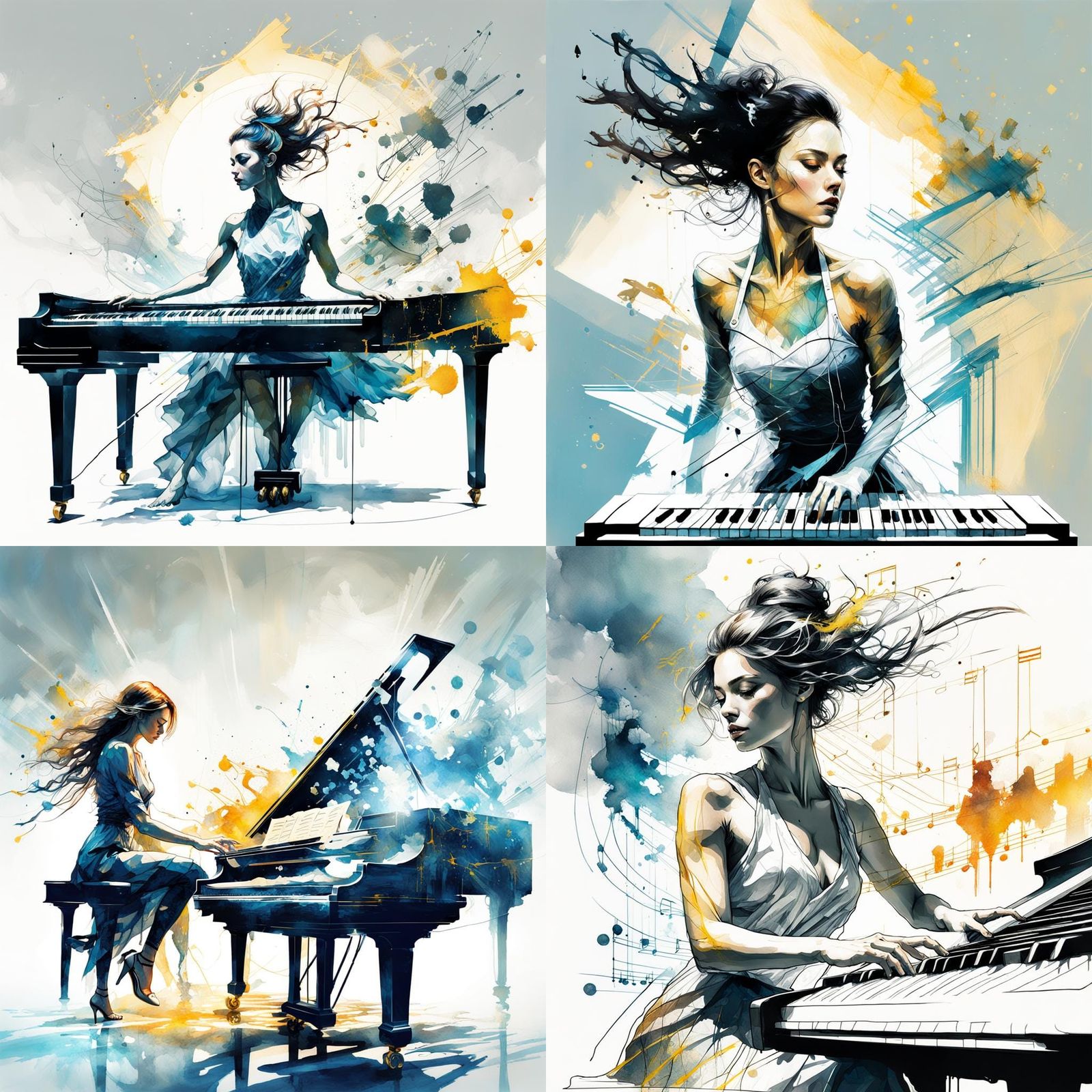 Electric Pianist Dancer in Stylized Watercolor Art