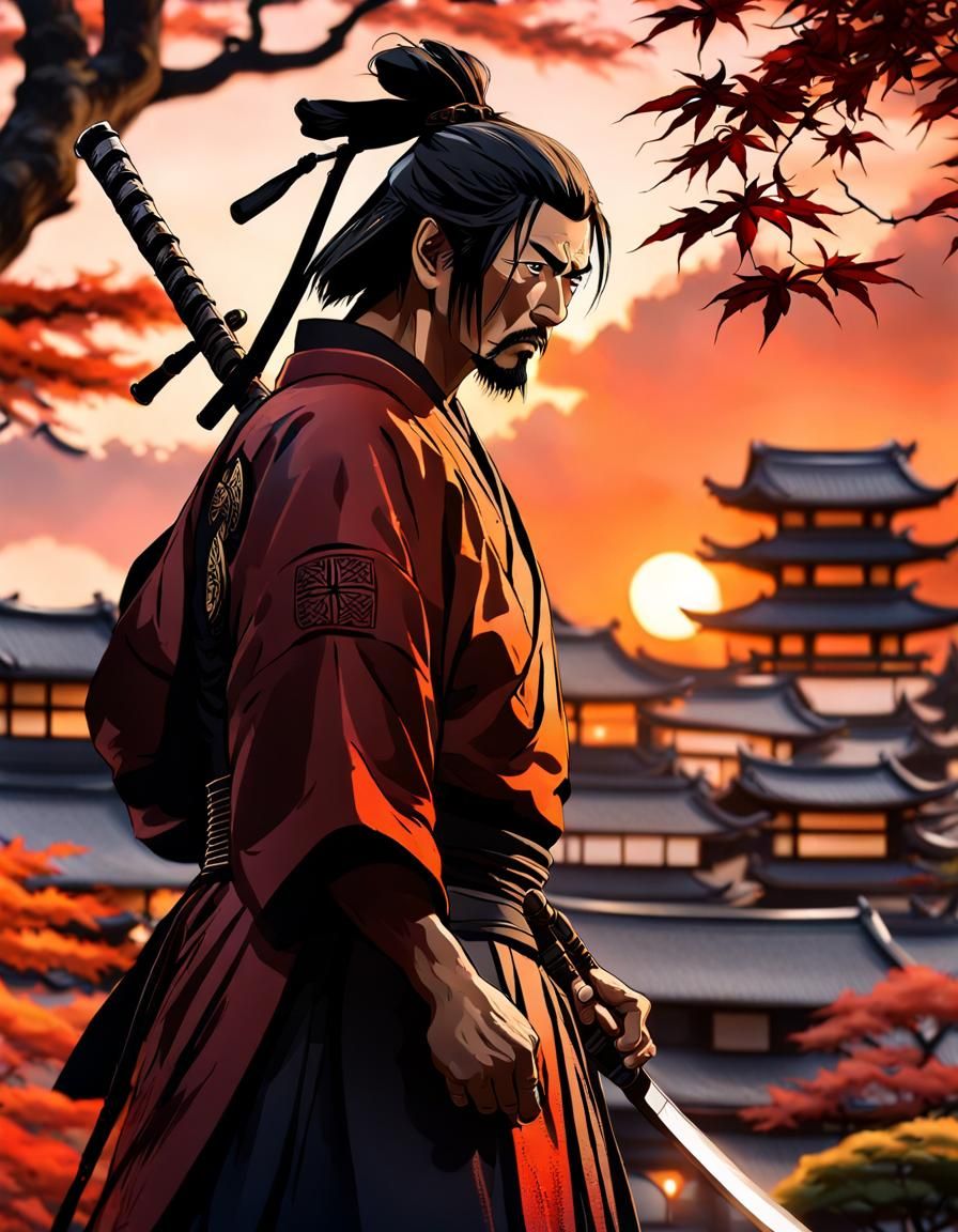 Samurai Silhouette at Sunset in Japanese Village