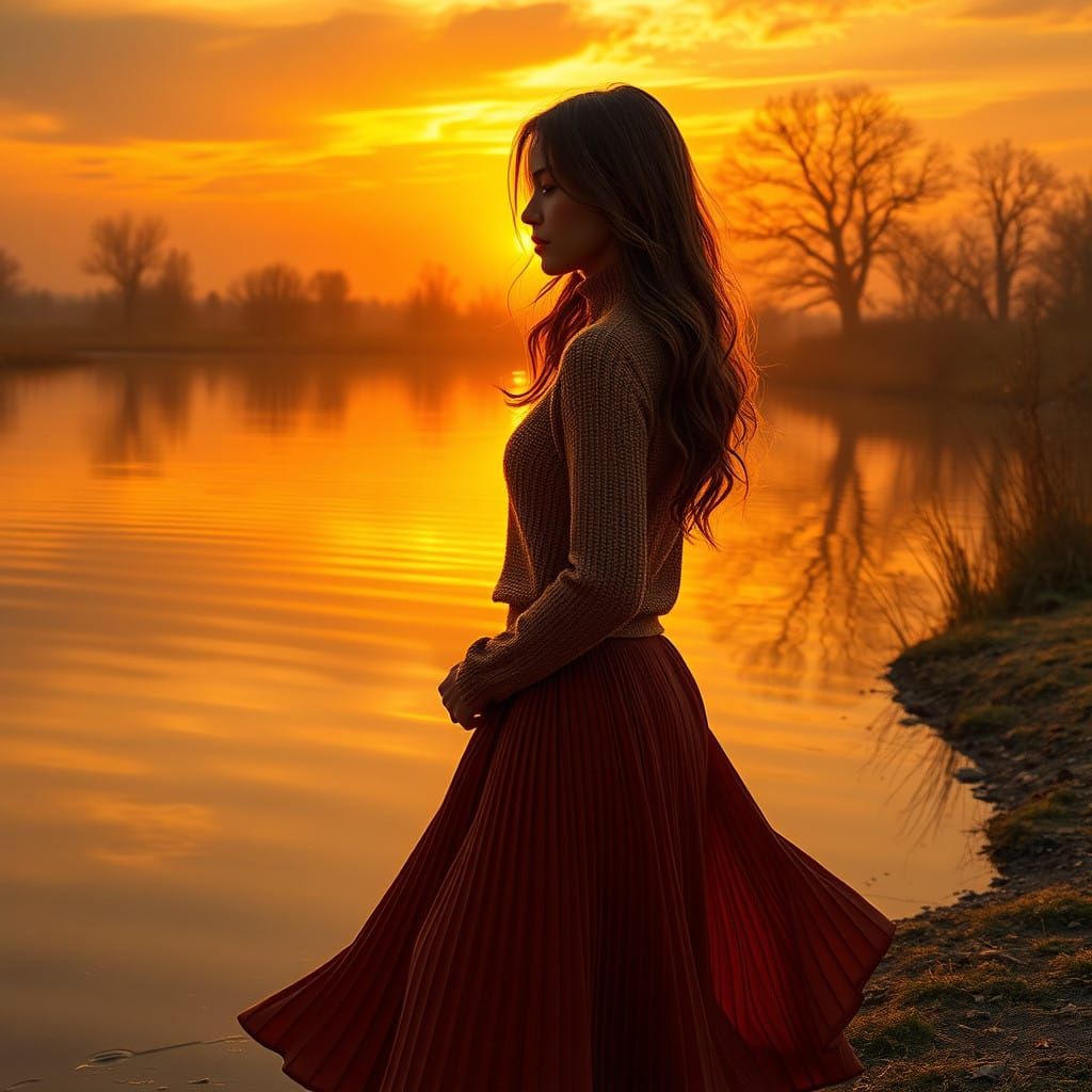 Stunning Brunette Walks Along Golden Pond During Sunset