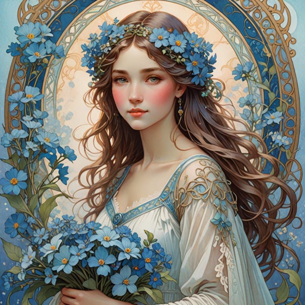 Elegant Art Nouveau Woman Amidst Vibrant Blue Flowers