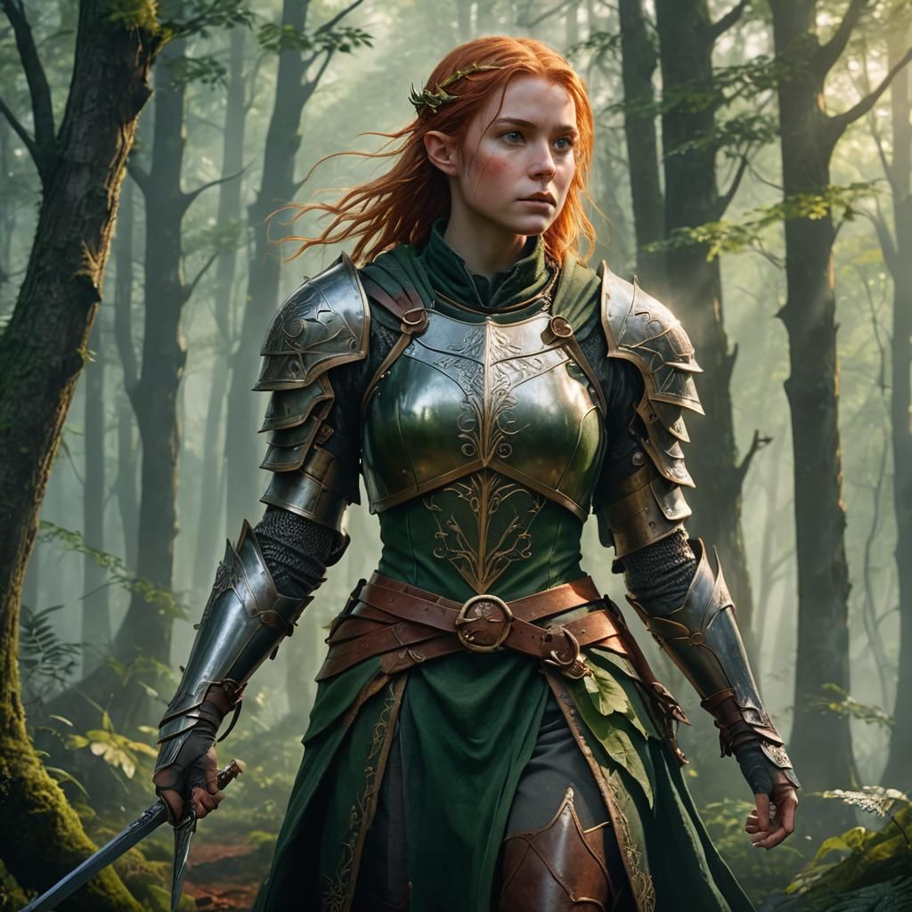 Elven Knight Robyn in Misty Forest, Digital Matte Painting