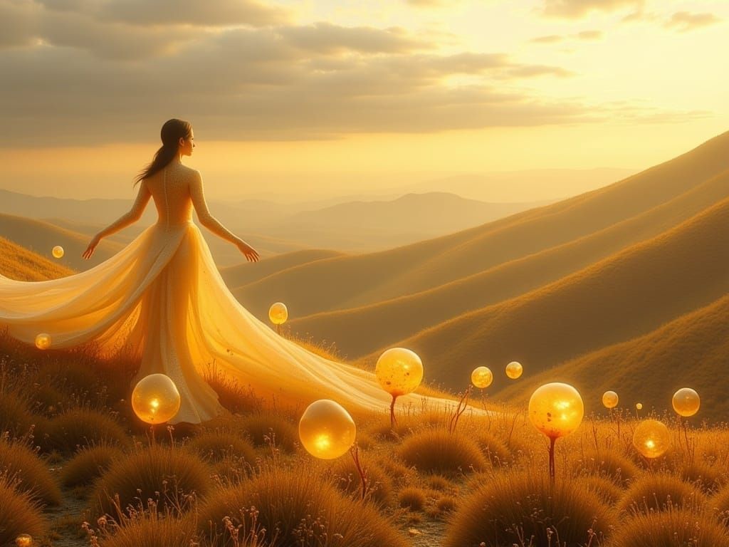 Surreal Golden Landscape with Weightless Figure and Drifting...