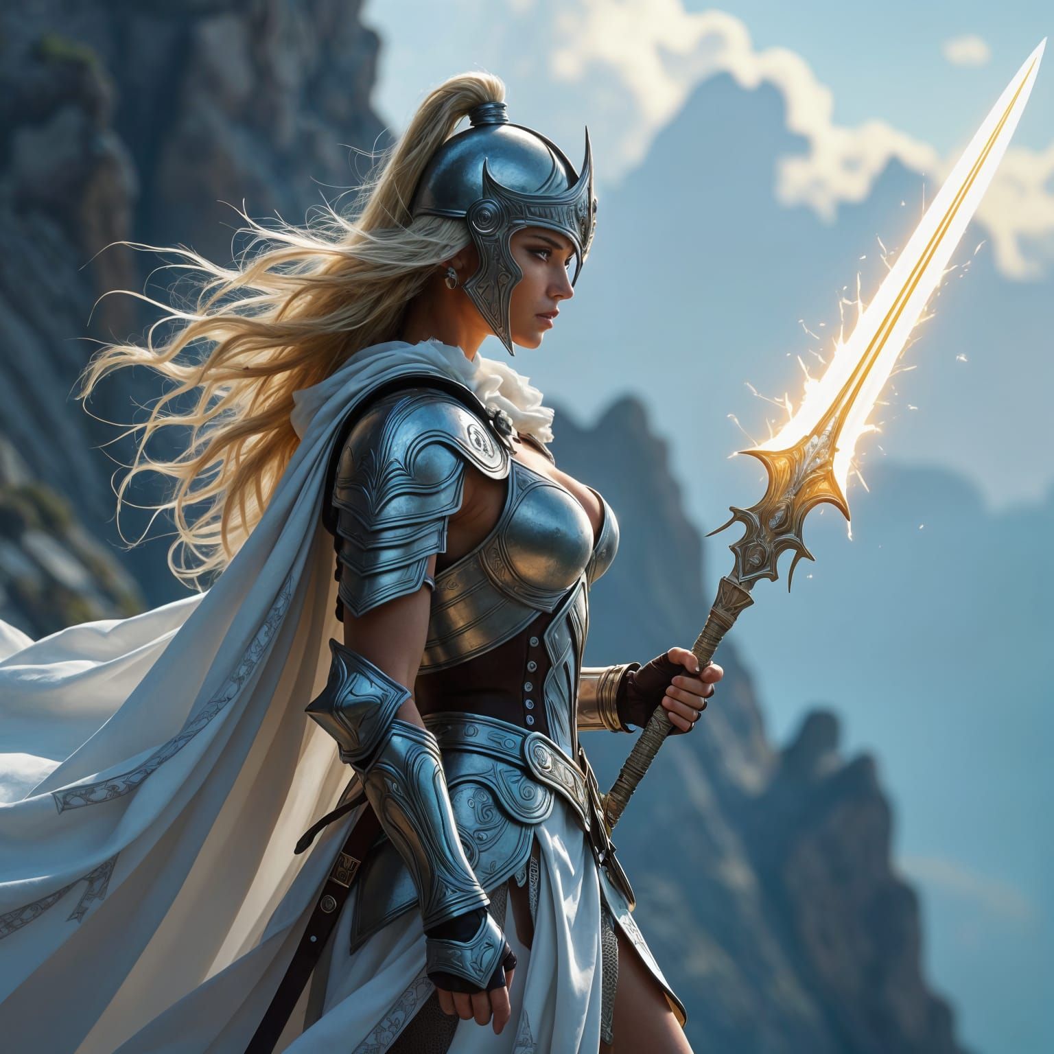 Valkyrie Warrior on Windswept Cliff in Photorealistic Style