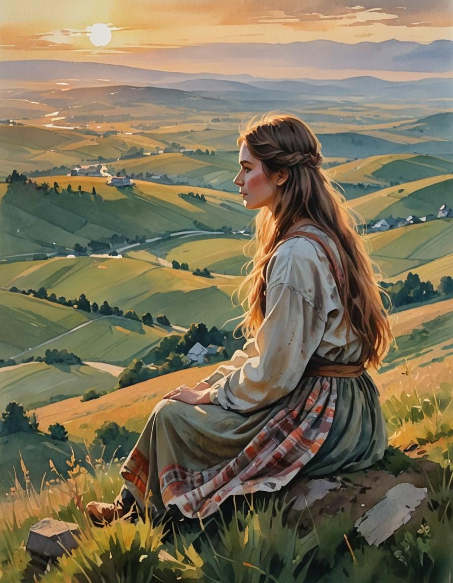 Slavic Girl at Sunset in Gouache Style