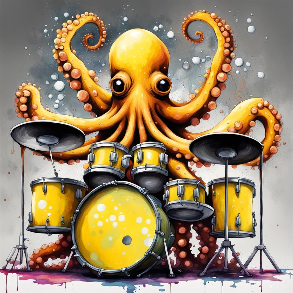 Octopus Drummer in Graffiti Splash Art Style