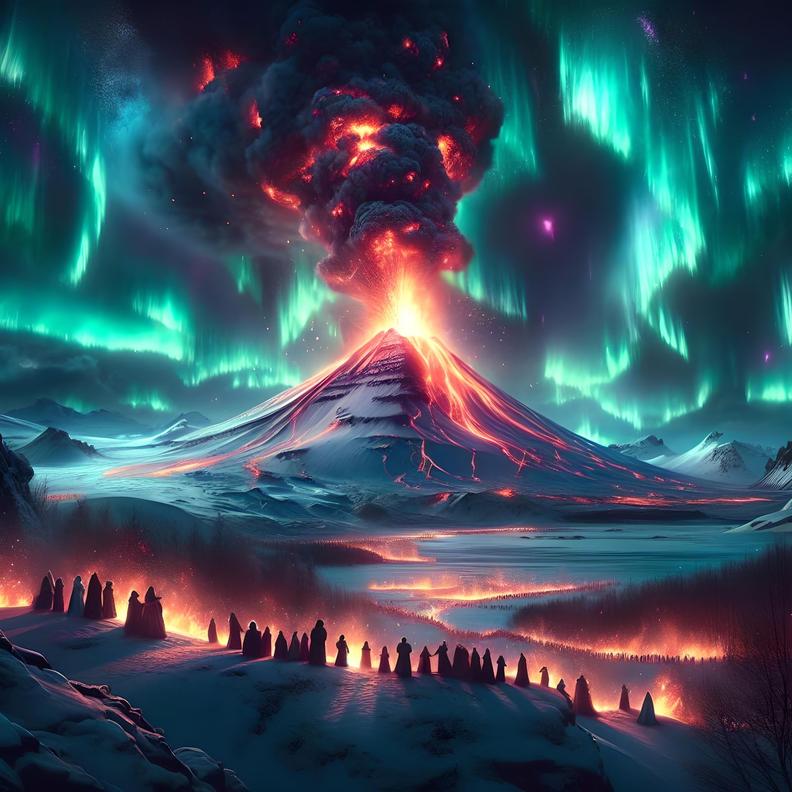 Erupting volcano and northern lights...