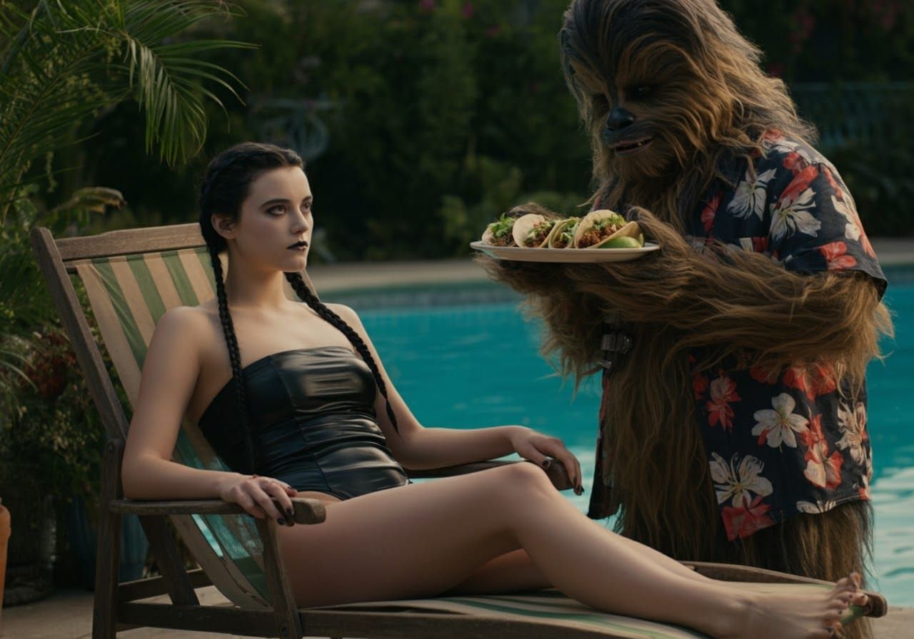 Wednesday Addams Poolside Taco Party, Retro 80s Style