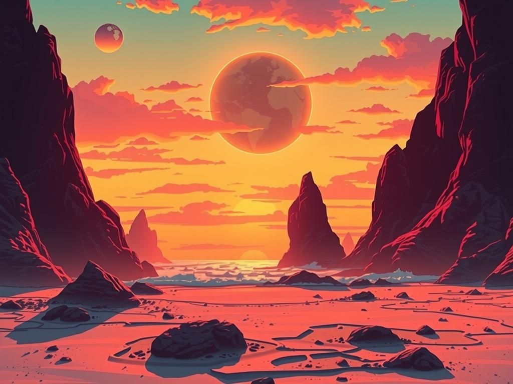 Alien Sunset Beach Landscape in Roger Dean Style