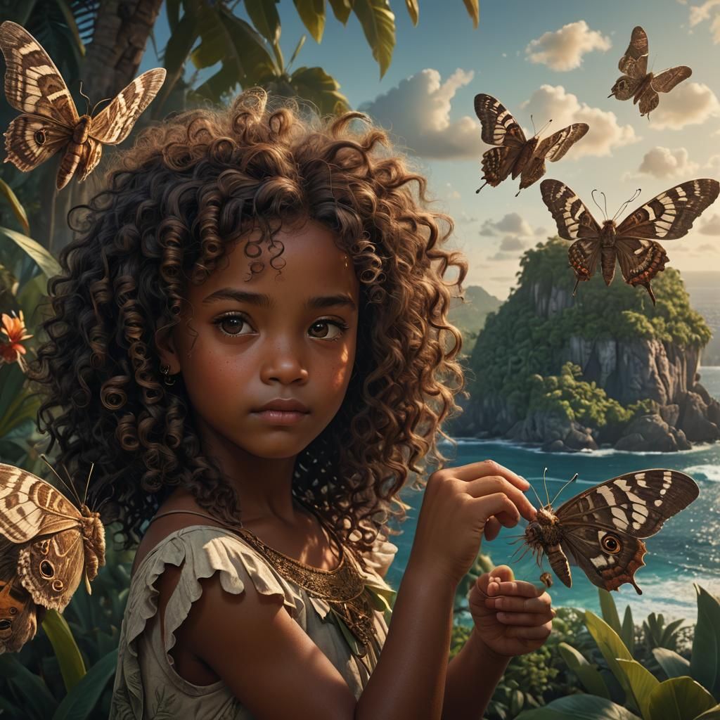 Girl and Tropical Moth on Island