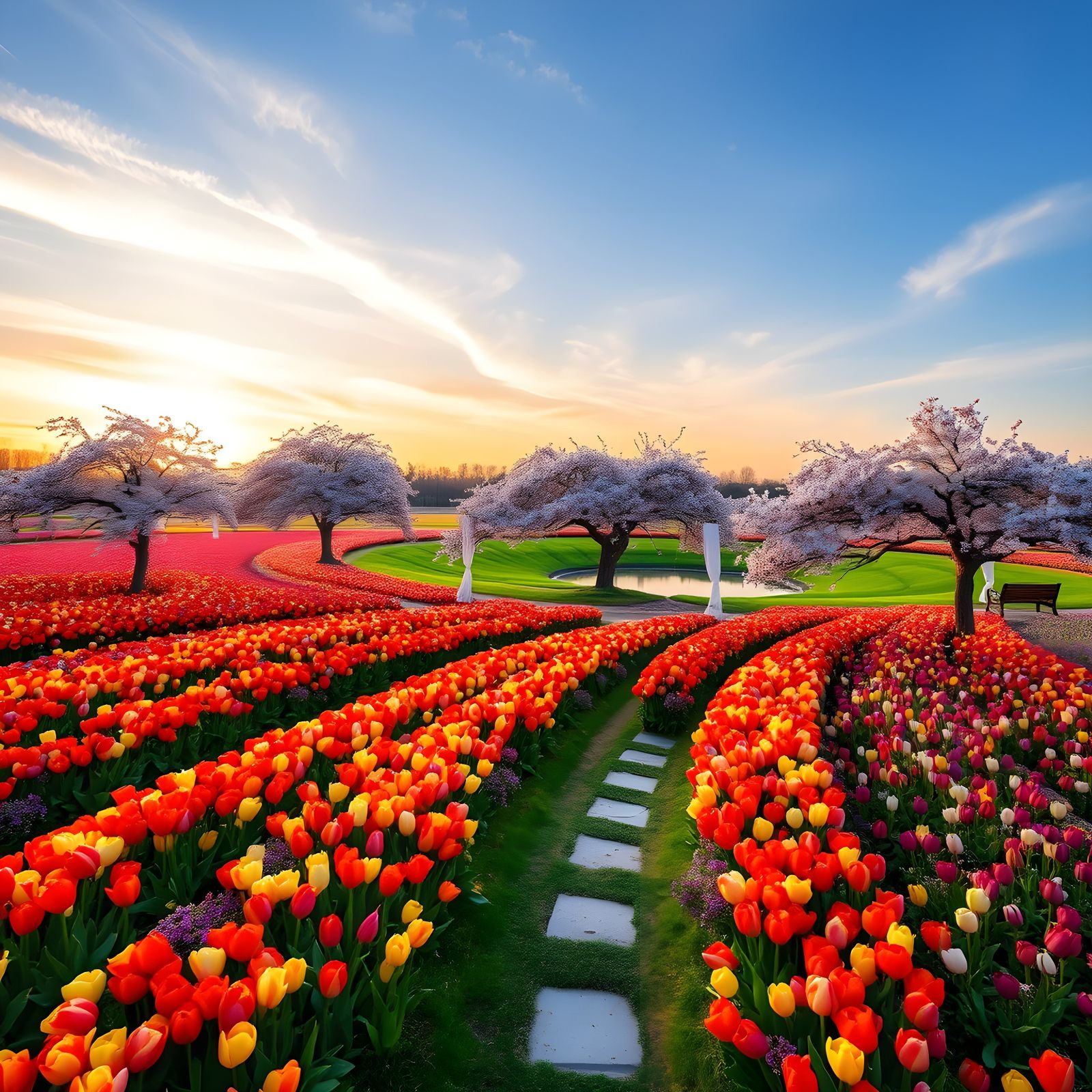 Endless Garden of Tulips and Cherry Blossoms