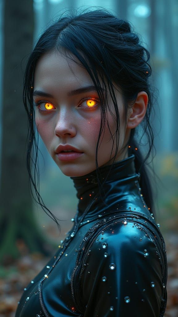 Futuristic Goddess in Cyberpunk Attire with Magical Aura
