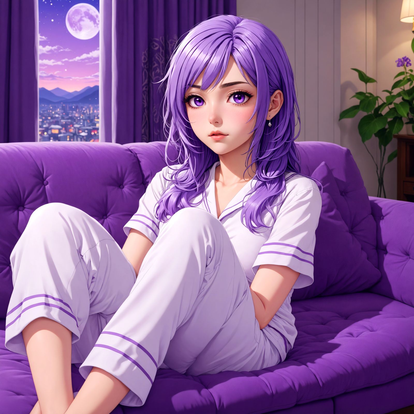 Anime Woman with Purple Hair in Relaxing Scene