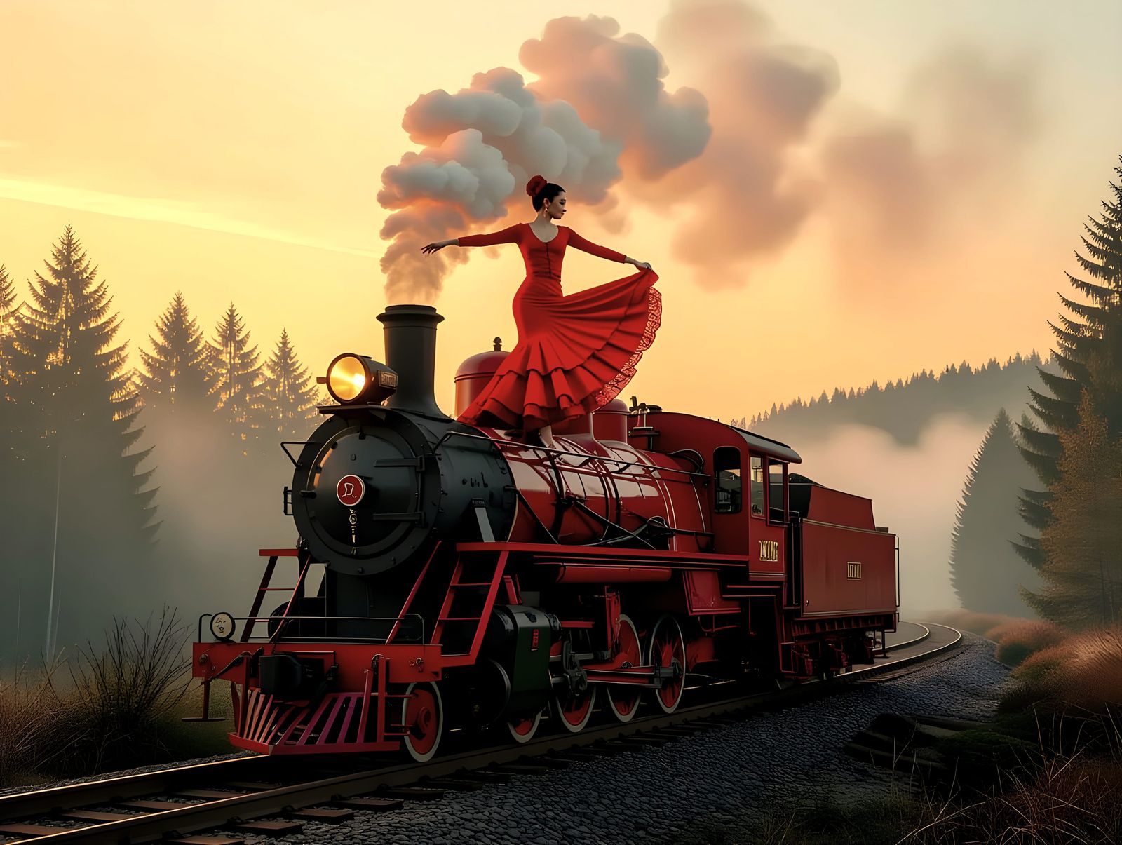 Surreal Flamenco Dancer on Abandoned Locomotive at Sunset