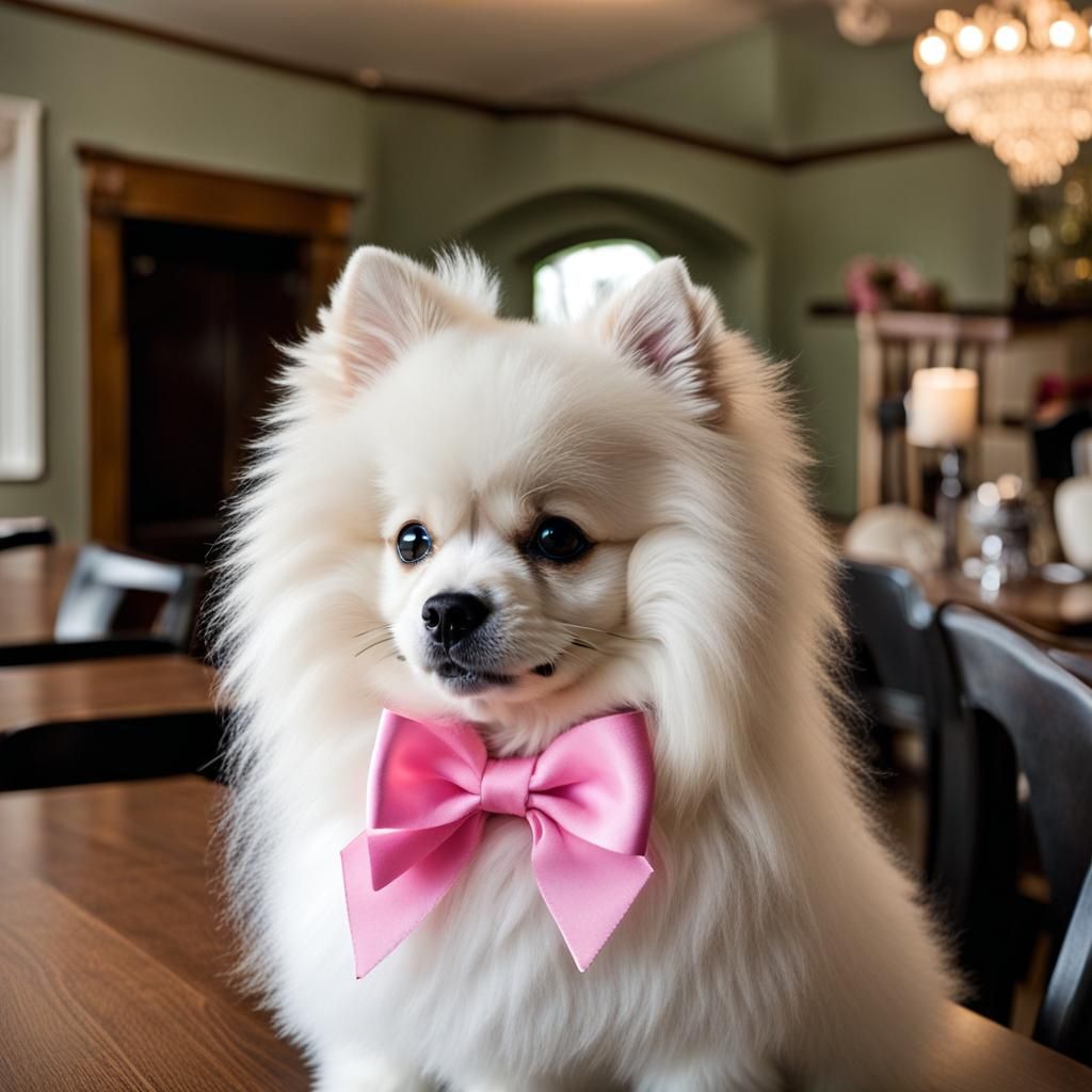 Fluffy White Pomeranian with Pink Bow