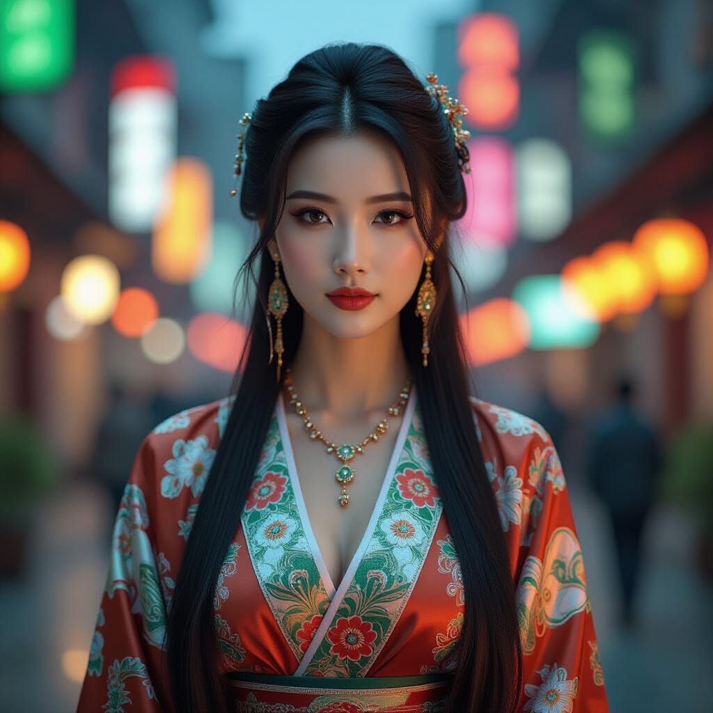 Beautiful Chinese Woman in Neon Cityscape