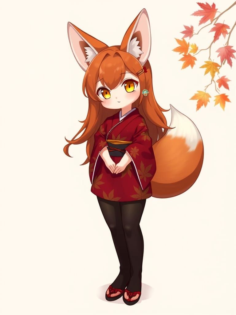 Elegant Fox Girl Yuzuki in Crimson Yukata