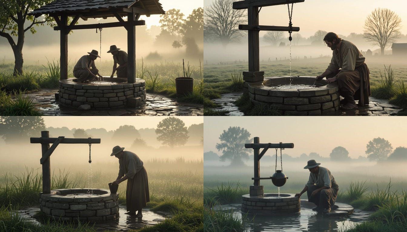 Peasant Drawing Water from Well in Morning Mist