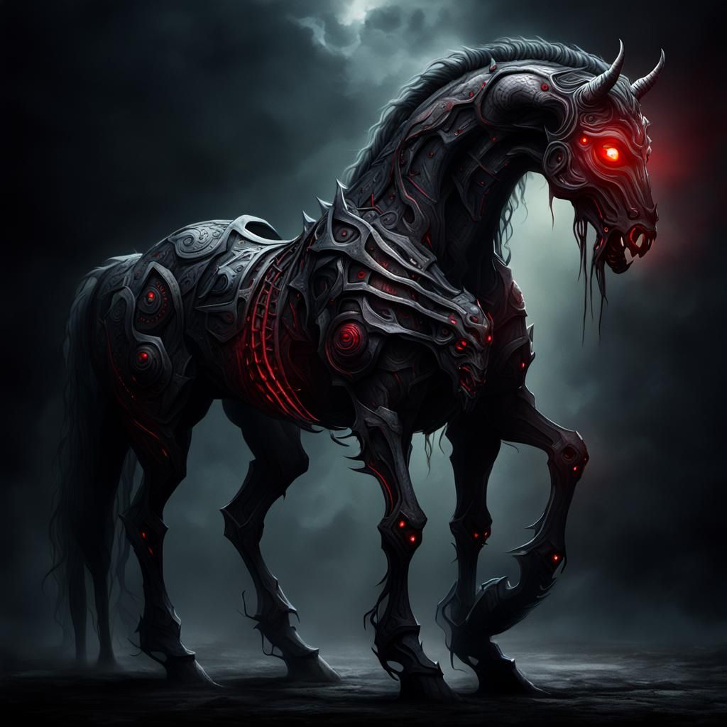 helhest three-legged demon horse. Terrifying, intricate design, red eyes, darkness.