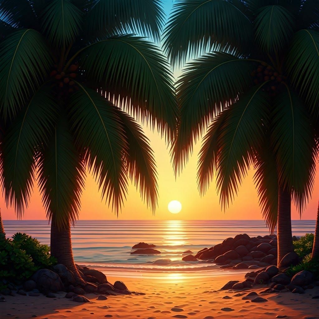 Lush Palm Trees at Sunset: Anime-Inspired Beach Scene