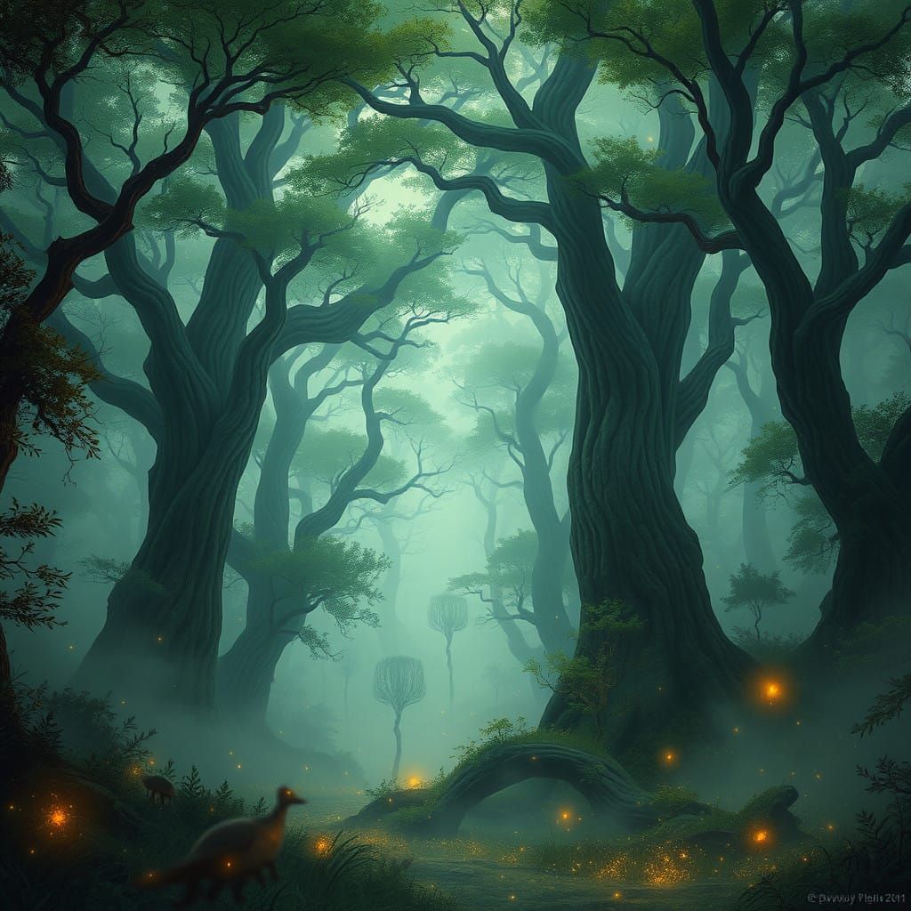 Glowing Forest Cathedral in Cyberpunk Aesthetic