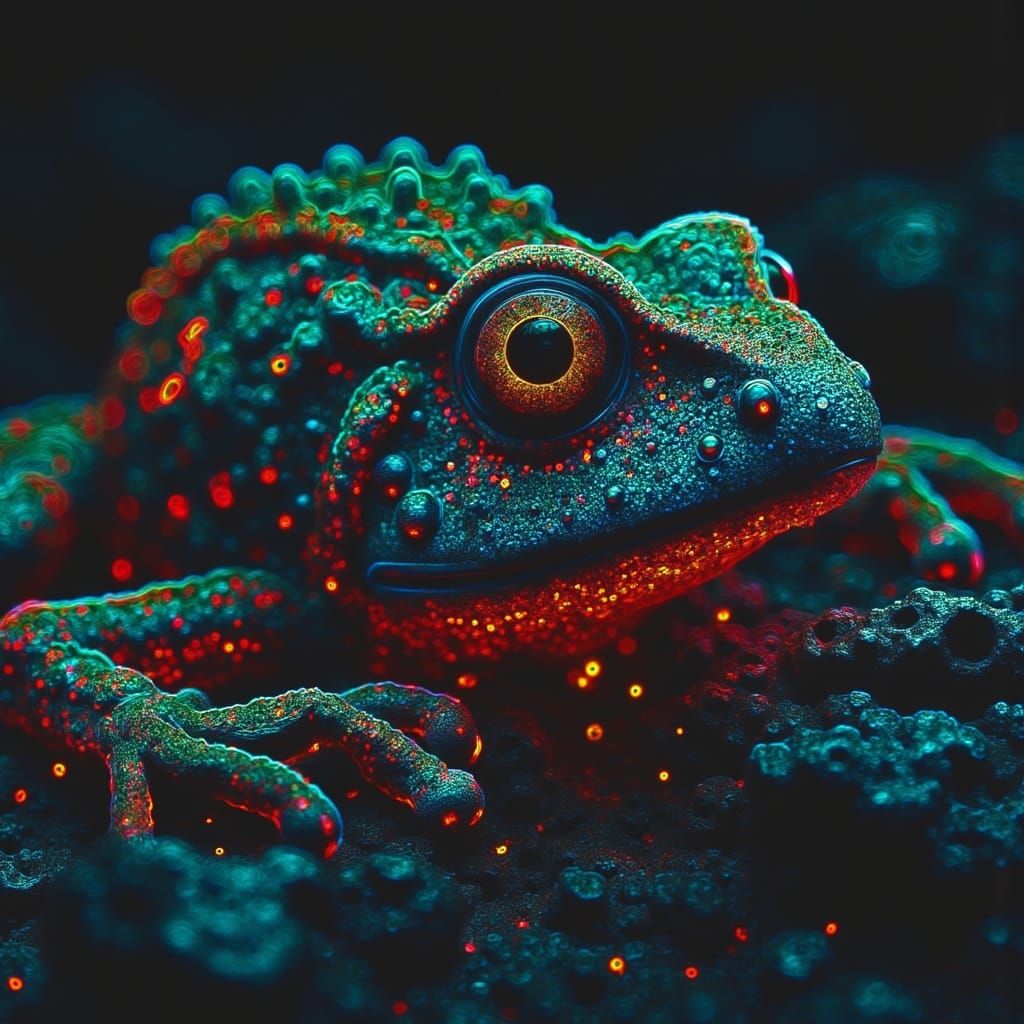 Hyper-Detailed Dark Fantasy Scene with Neon Glitch Effect