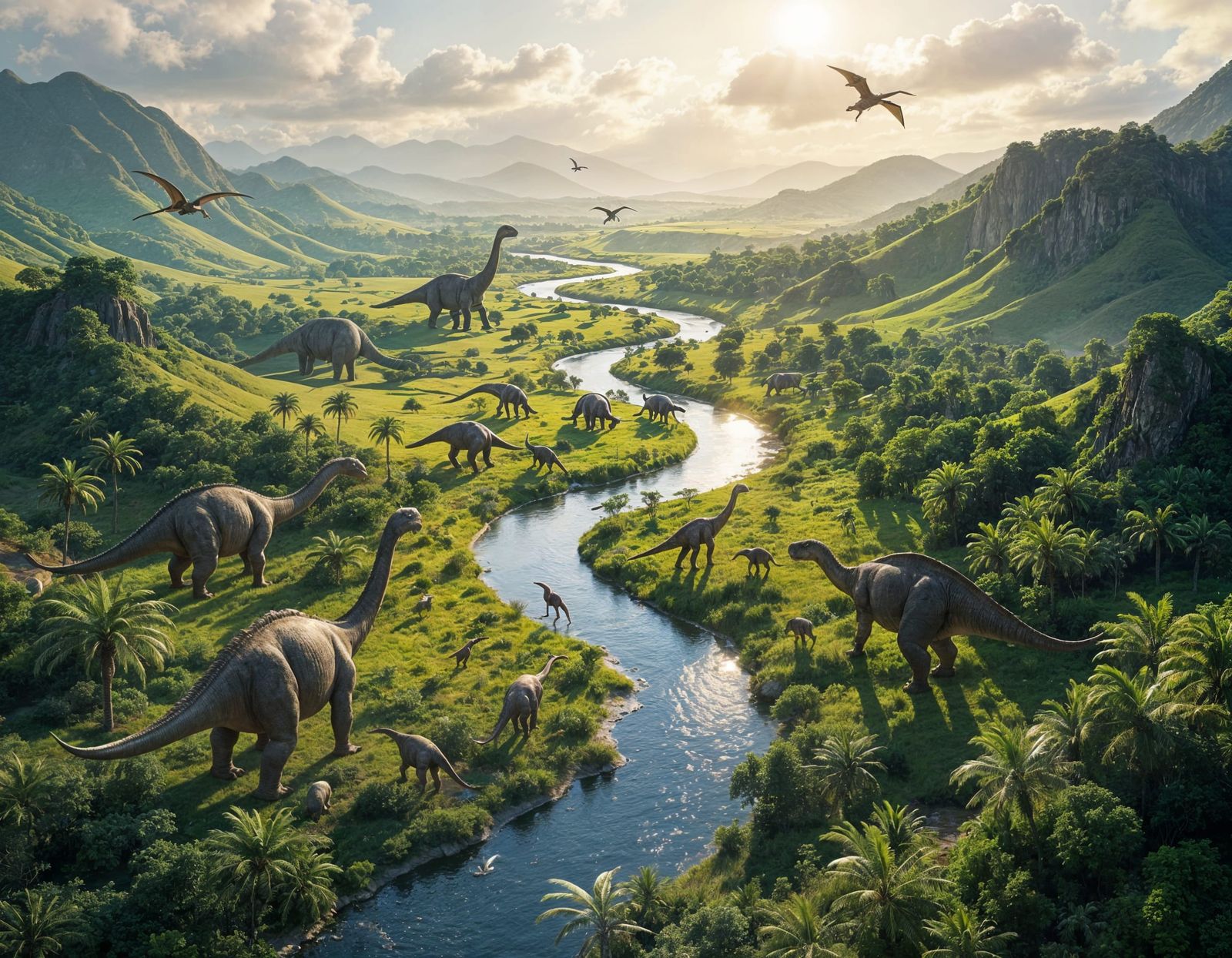 Jurassic Era Drone View with Dinosaurs