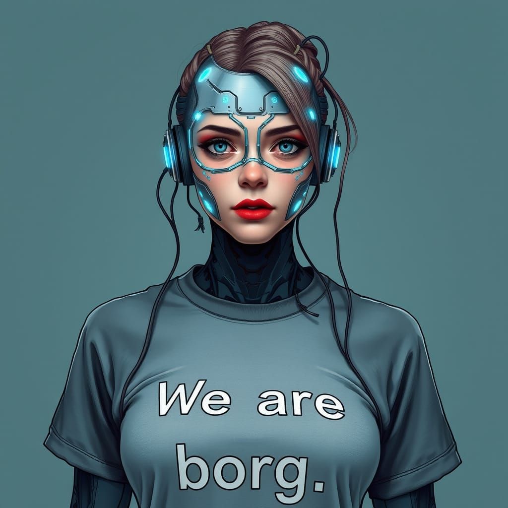 Cyborg Woman with Electric Face and Borg T-Shirt