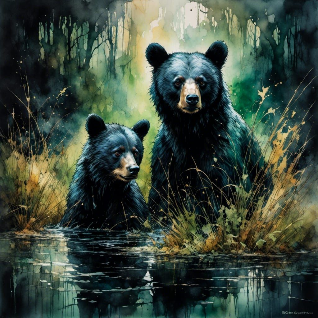 Cute Bear Cubs Splash in Forest Pond, Impasto Art