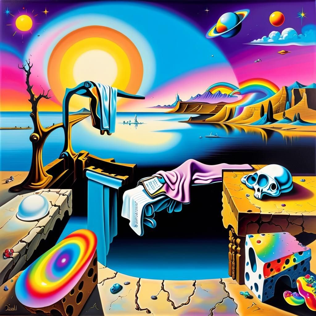 Surreal Melting Clocks in Lisa Frank Style