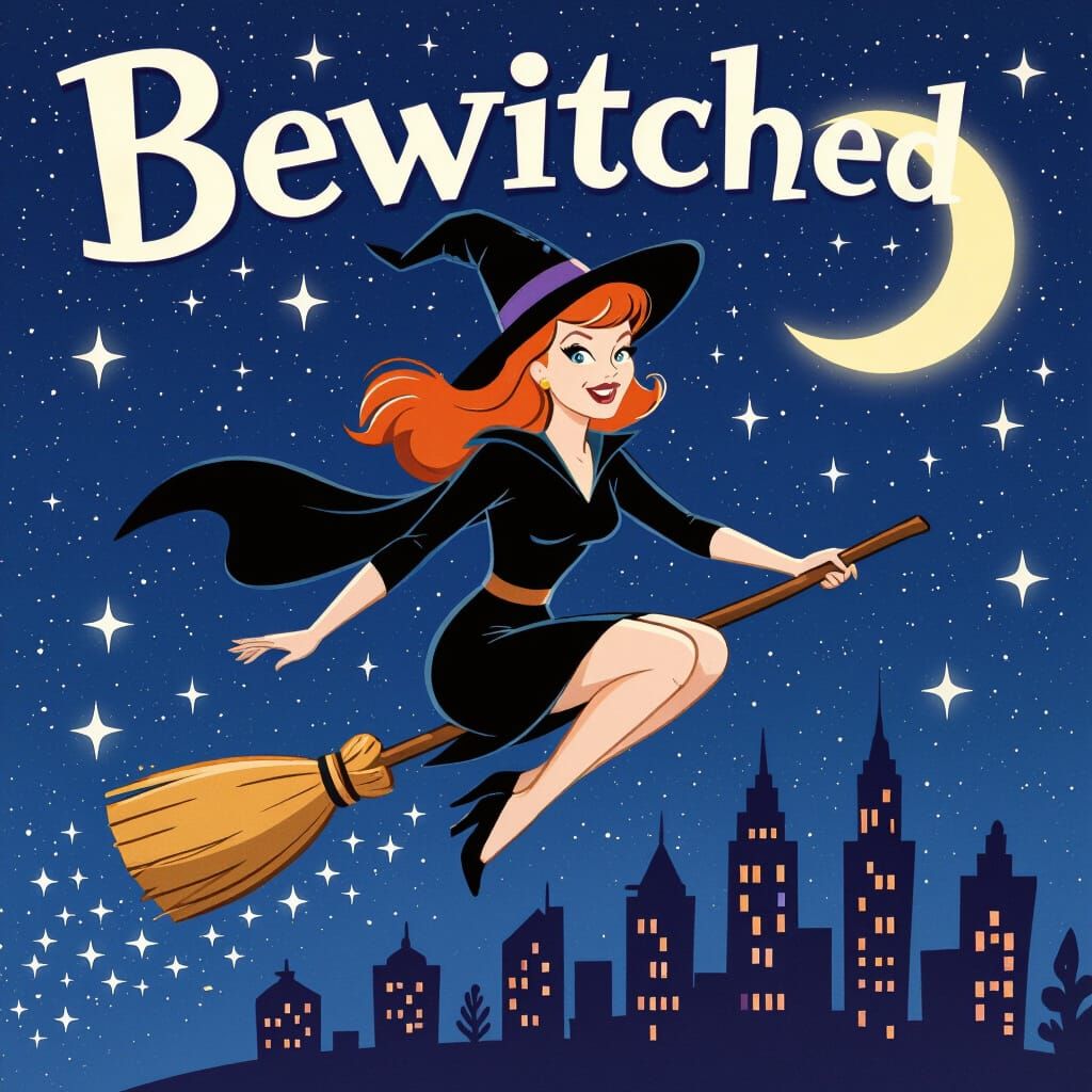 Glamorous Witch Flies Over City in 1960s Cartoon Style