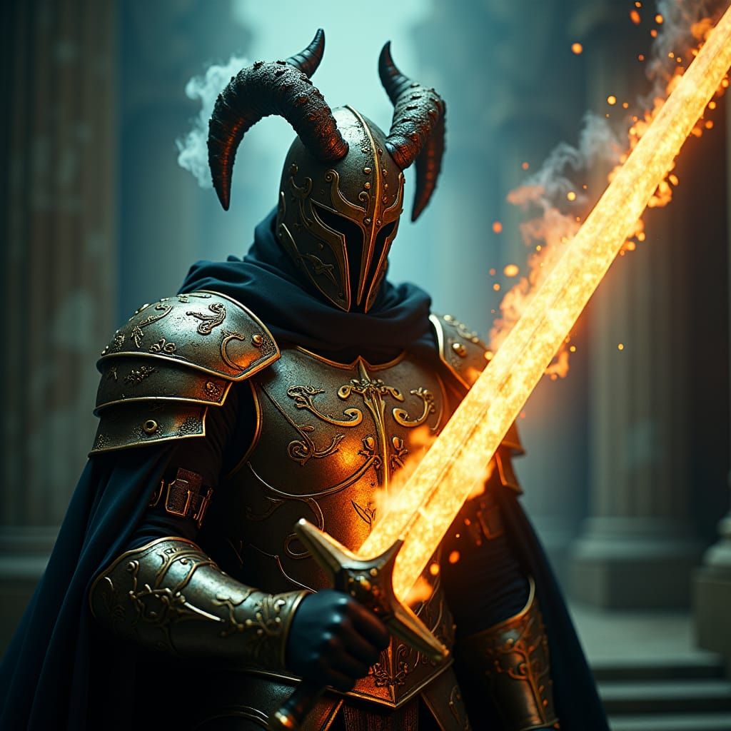 Majestic Dark Prince with Glowing Sword in Film-Noir Style