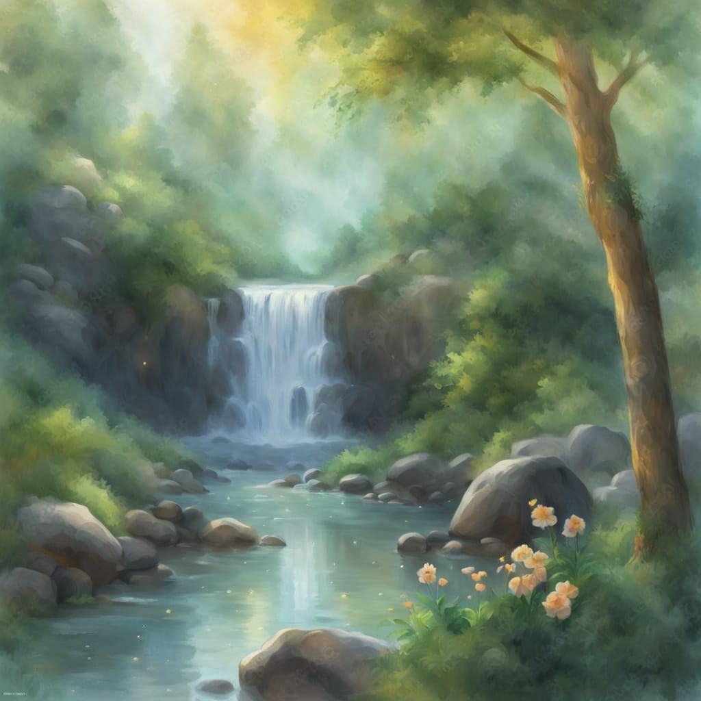 Serene Waterfall Landscape in Impressionist Watercolor Style