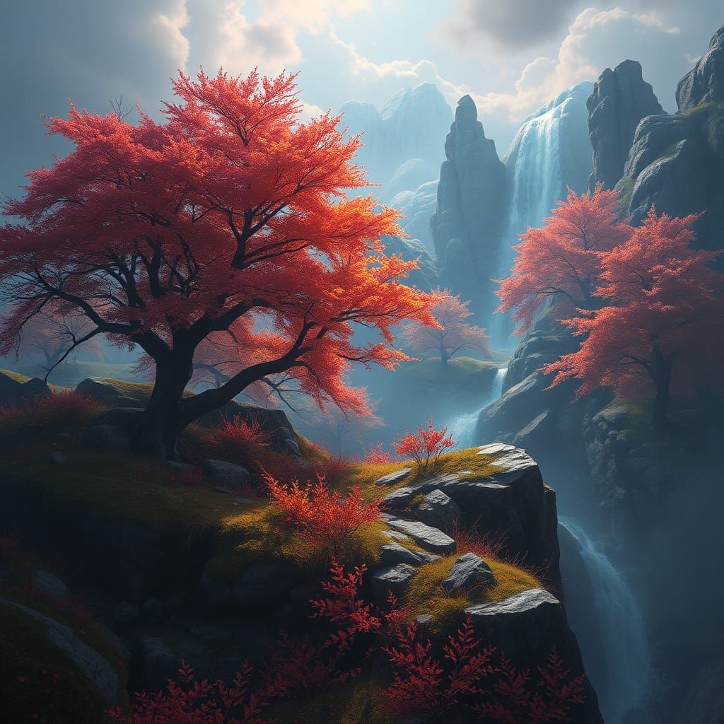 Fantasy Waterfall Hills in Detailed Matte Painting