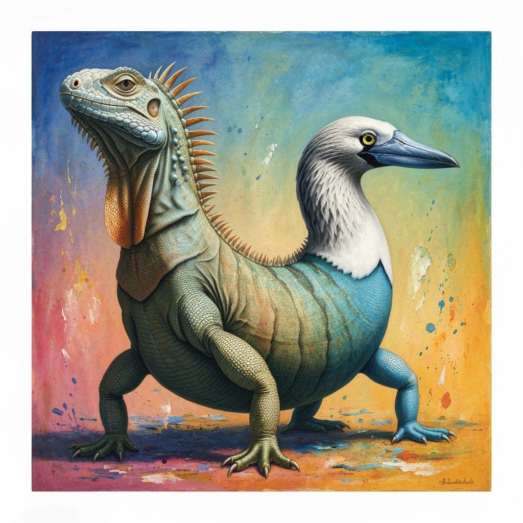 Surreal Two-Headed Galapagos Creature in Watercolor Style