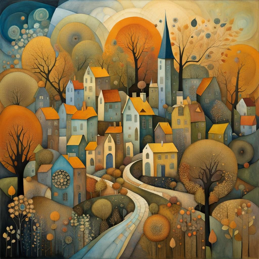 Fractal Town in Autumn Woods: Surrealist Art Collage