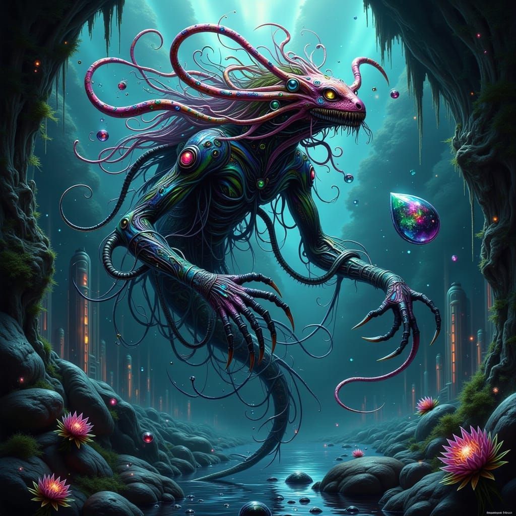 Cyberpunk Deep Sea Elemental with Glowing Bioluminescent Mar...