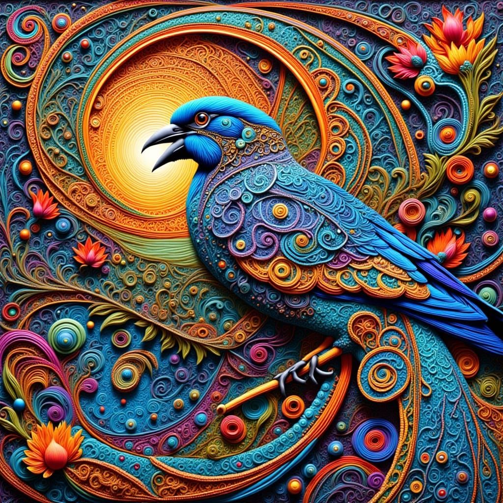 Exotic Bird with Zentangle Feathers in Surreal Landscape