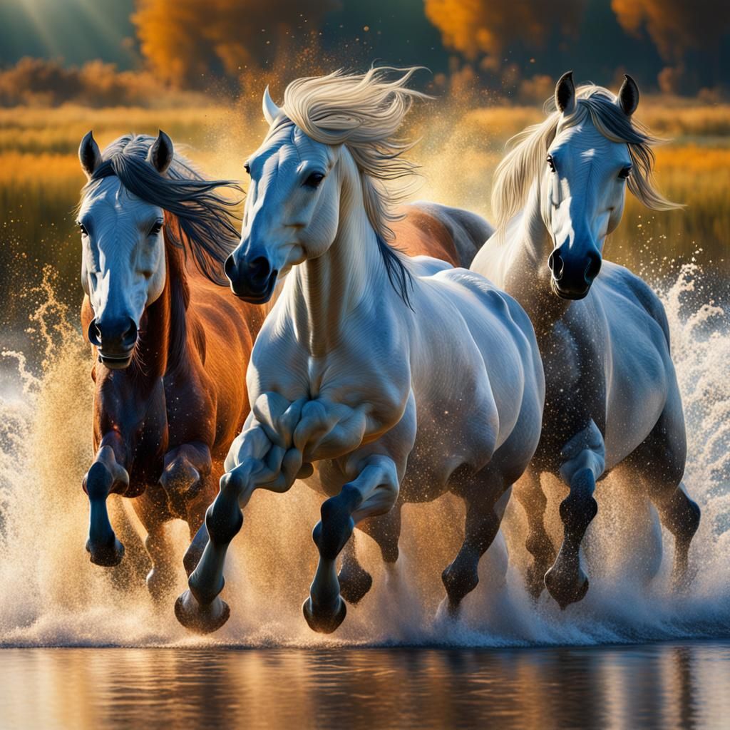 Camargue Horses and Bulls in France: Hyperrealistic Splash A...