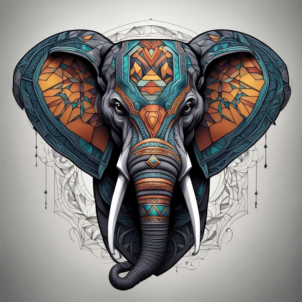 Elephant Head Tattoo with Geometric Border
