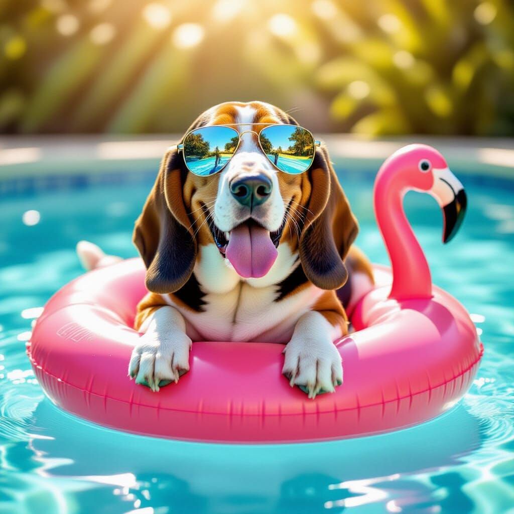 Basset Hound Enjoys Summer Pool Day in Golden Hour Glow