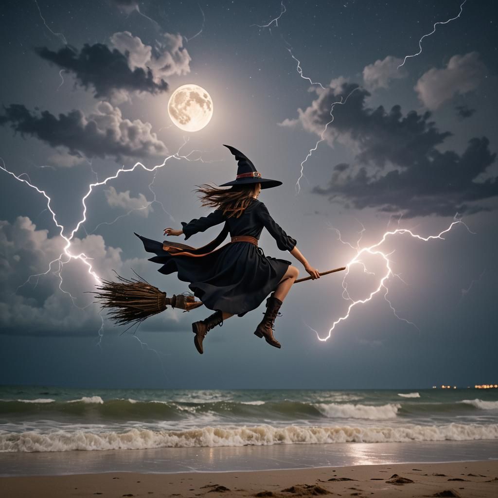 Witch Rides Broomstick Over Beach in Lightning Storm