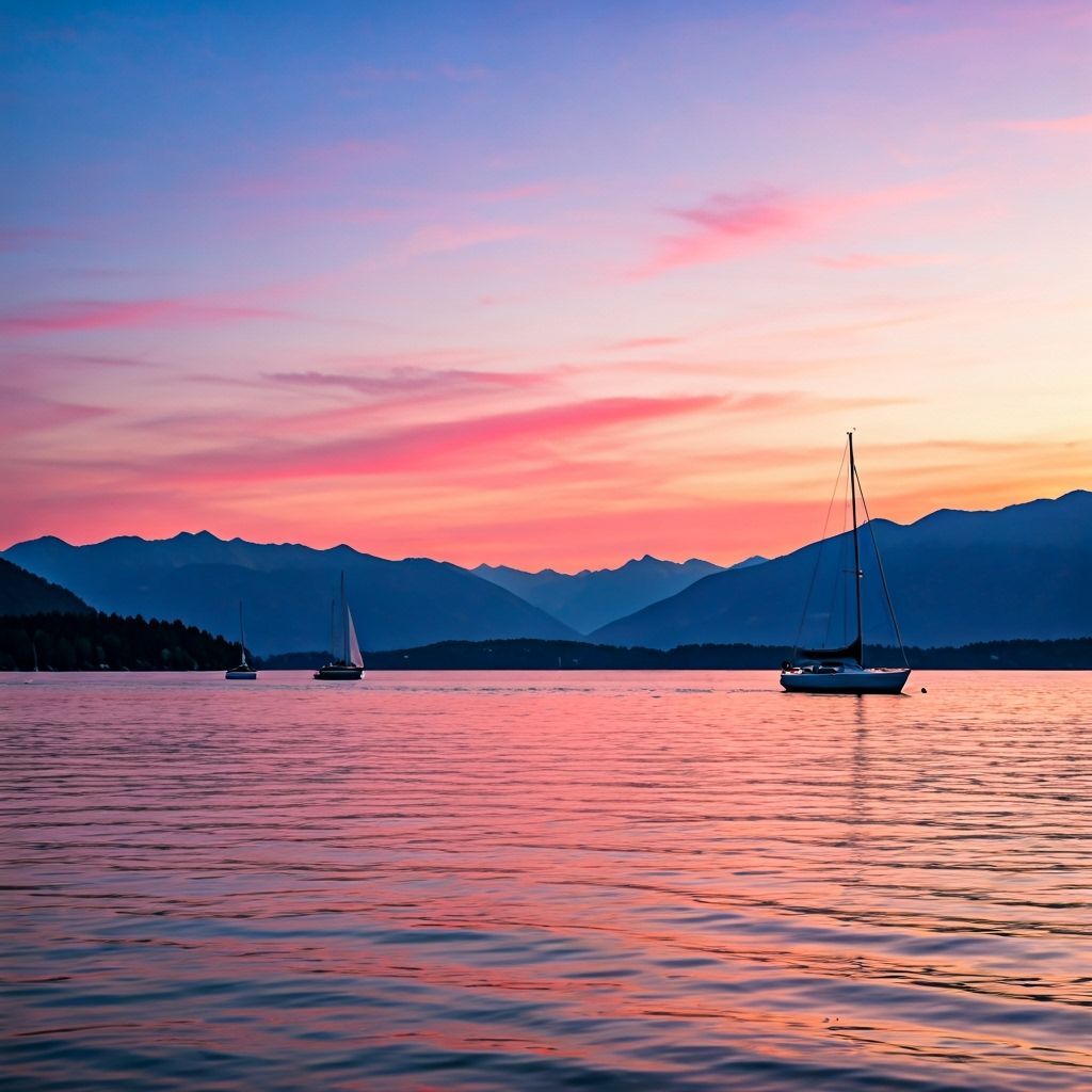 Crystal Lake Dusk Scene with Sailboats and Sunset Glow