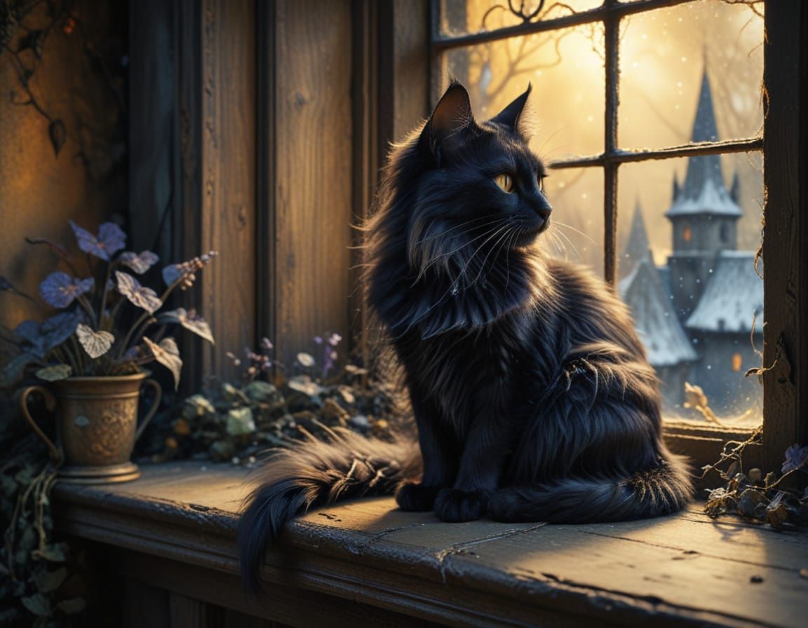 Fairy Cat Contemplates Snowy Whimsy in Golden Light